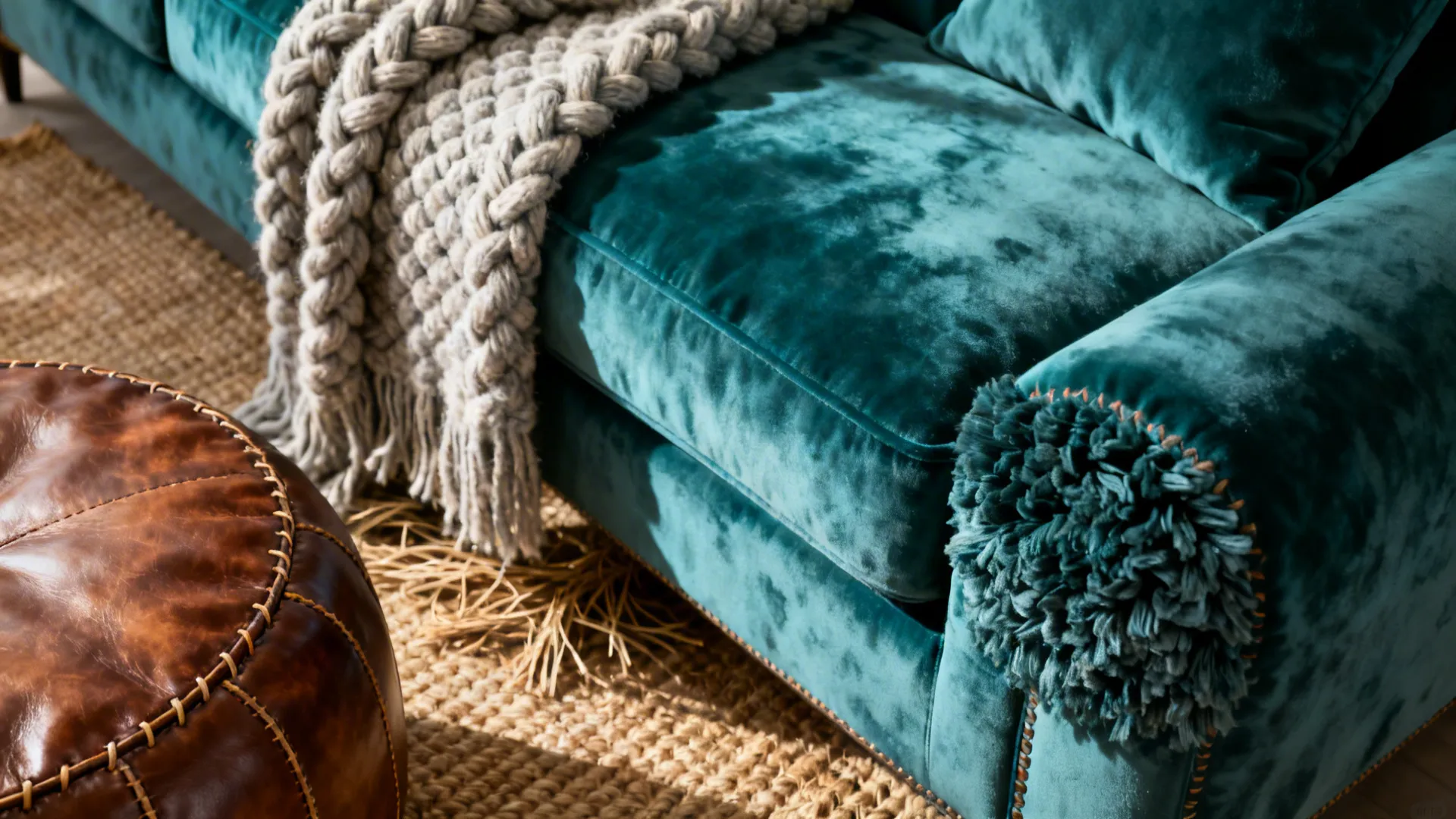 Close-up of teal velvet with wool throw, leather pouf and jute rug showing layered textures