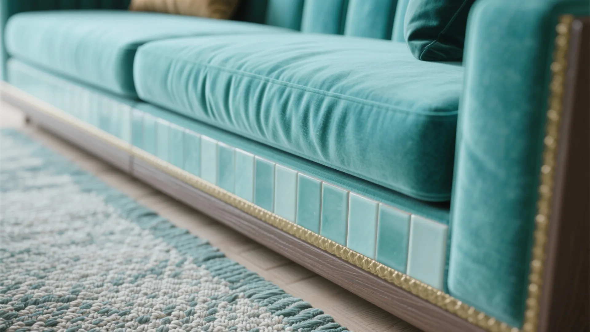 Macro view of light teal velvet, ceramic tile and woven rug showing texture and subtle undertone shifts.