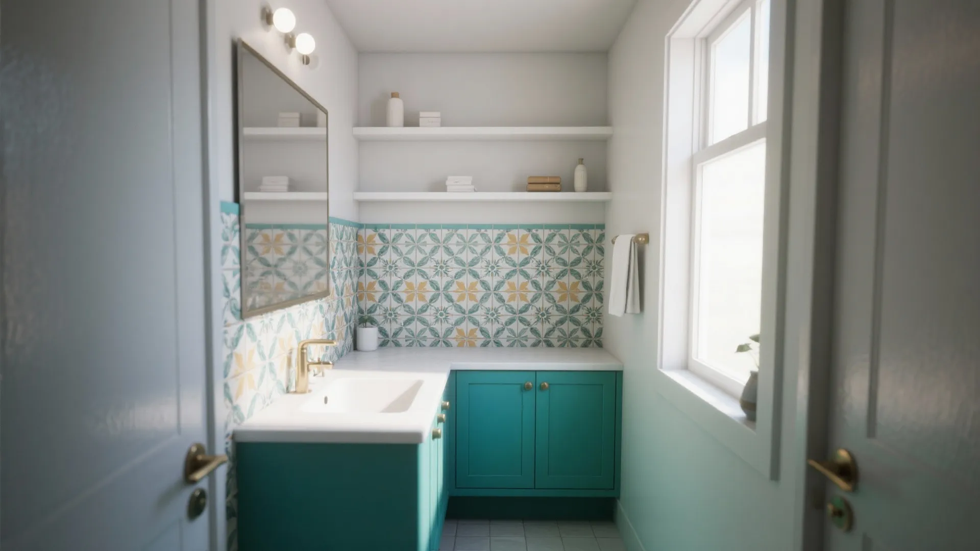 Teal bathroom cabinet with white sink, patterned wall tiles, open shelves, and bright side window
