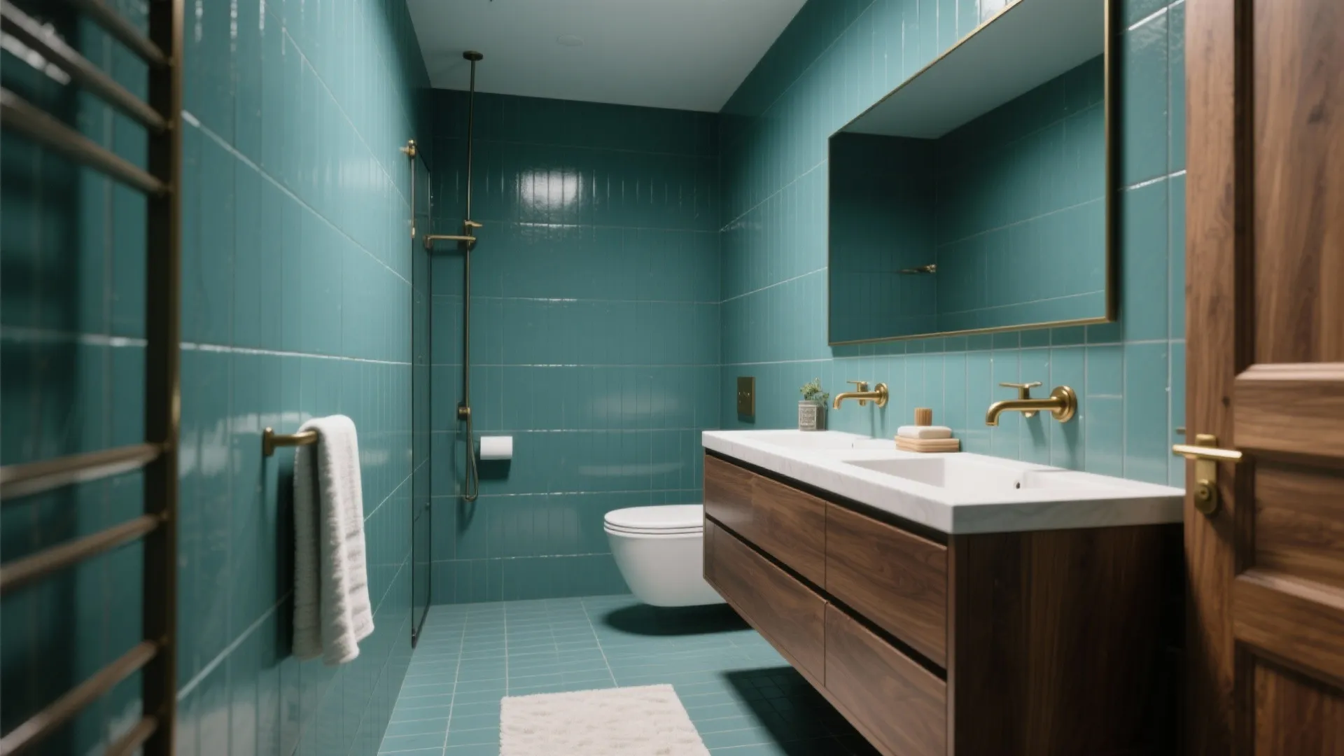 Modern bathroom with teal wall tiles wooden cabinet double white sinks gold faucets and mirror