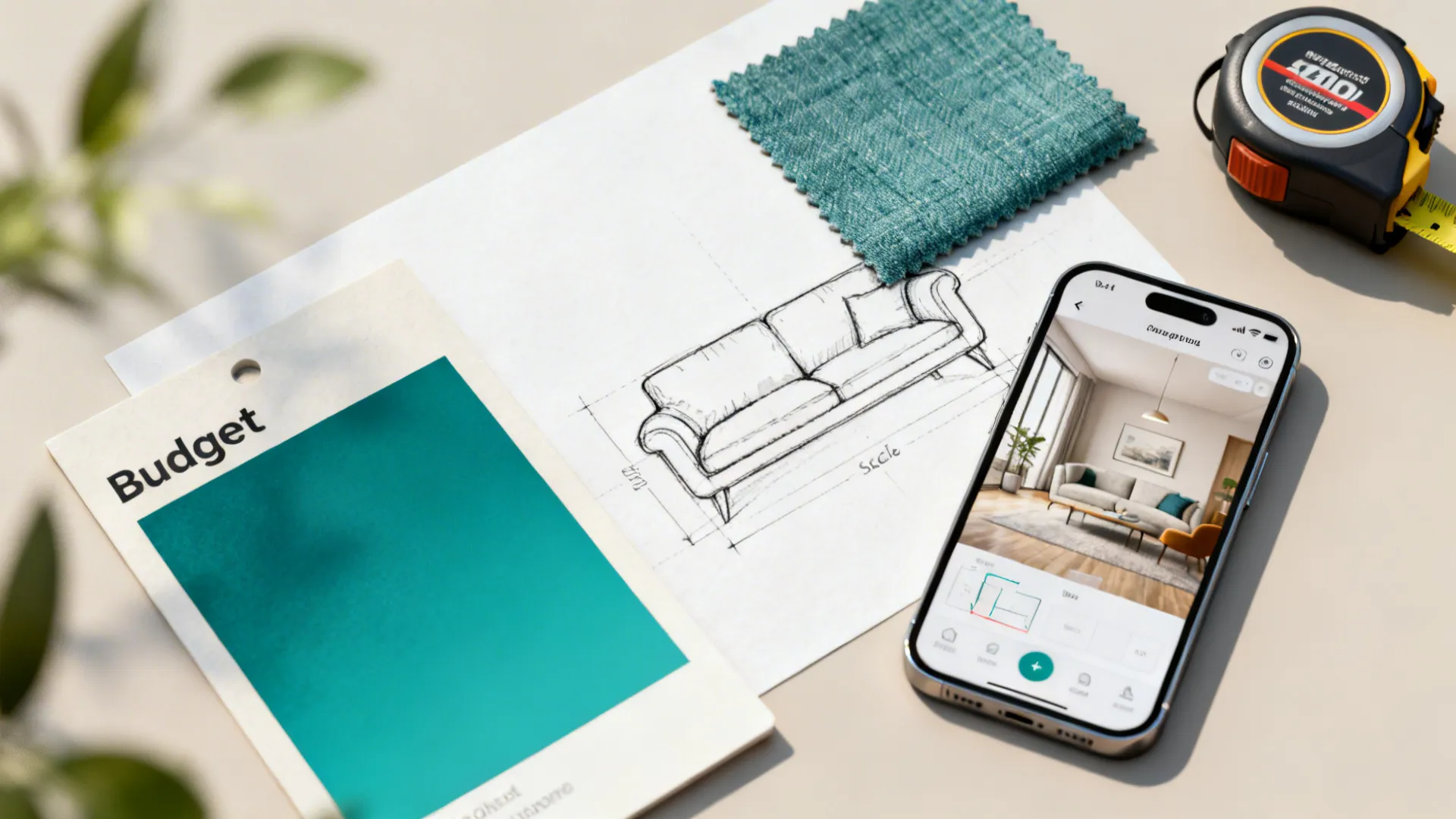 Moodboard flatlay with teal swatch, fabric samples, tape measure and a room planner app for layout testing.