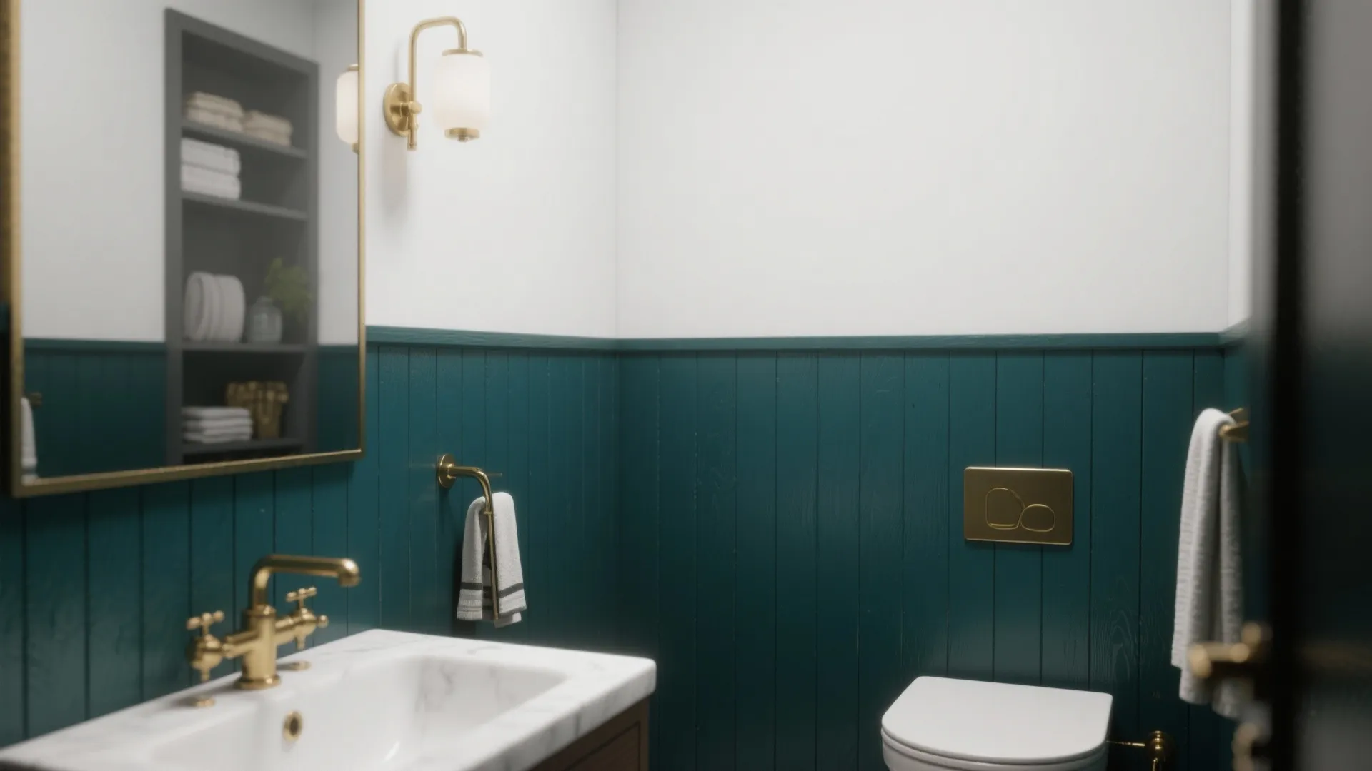 Bathroom with teal wall panel design featuring a white sink gold faucet and wall light