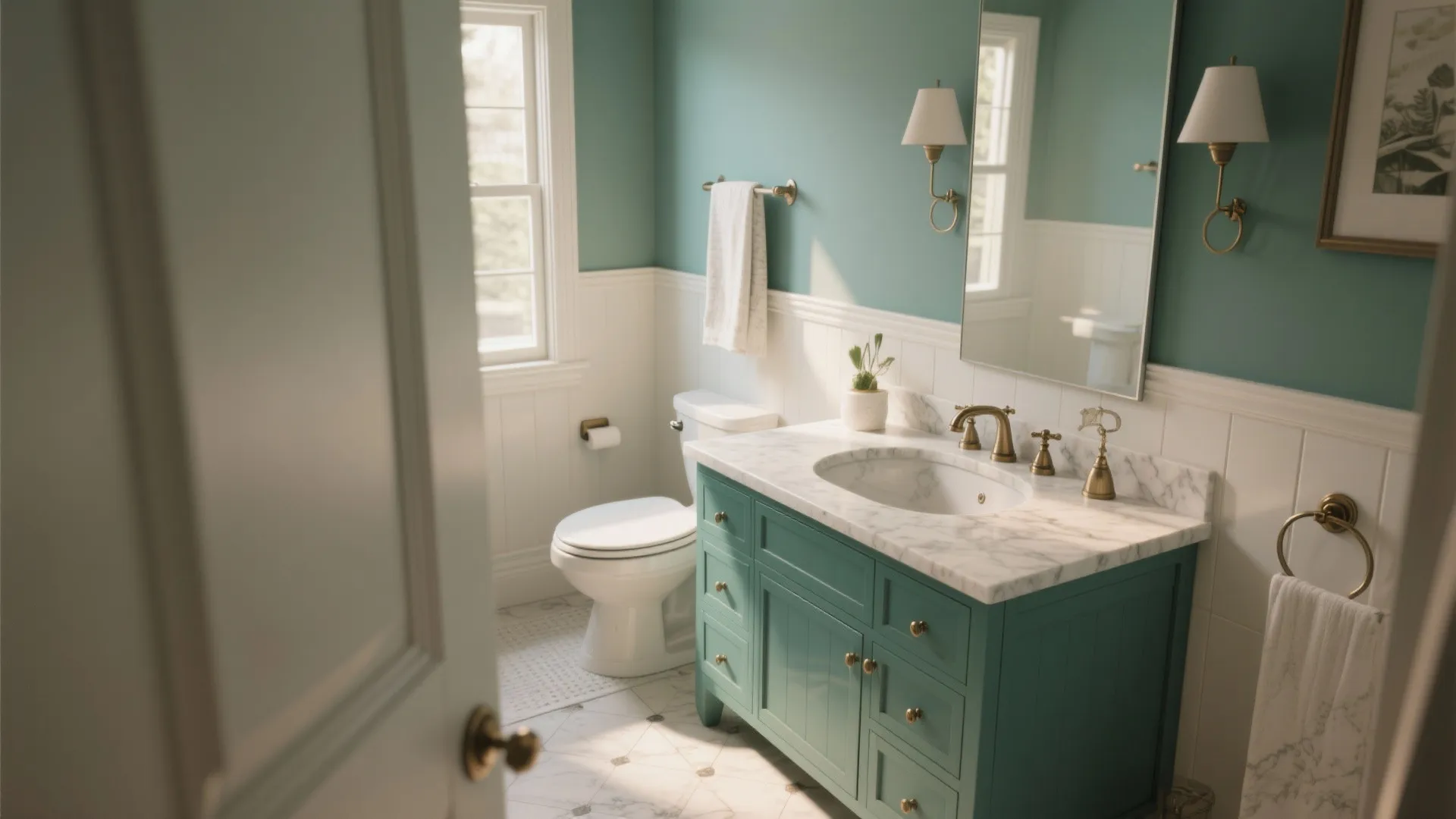 Teal green transitional vanity with marble countertop