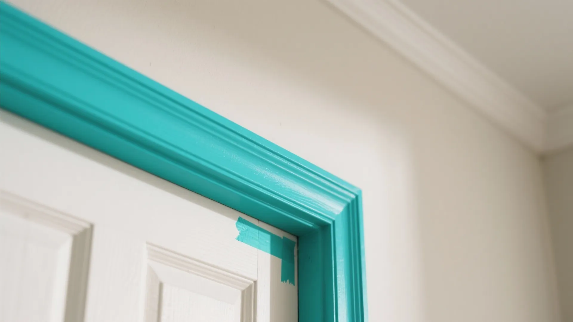 Close-up of teal-painted trim and door frame against pale walls showing crisp lines and satin finish.