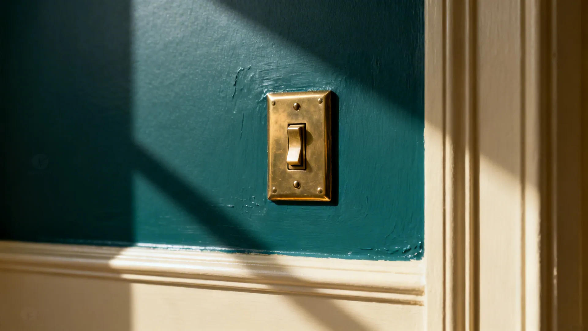 Macro of deep teal paint meeting creamy trim with a matte brass plate in soft light.