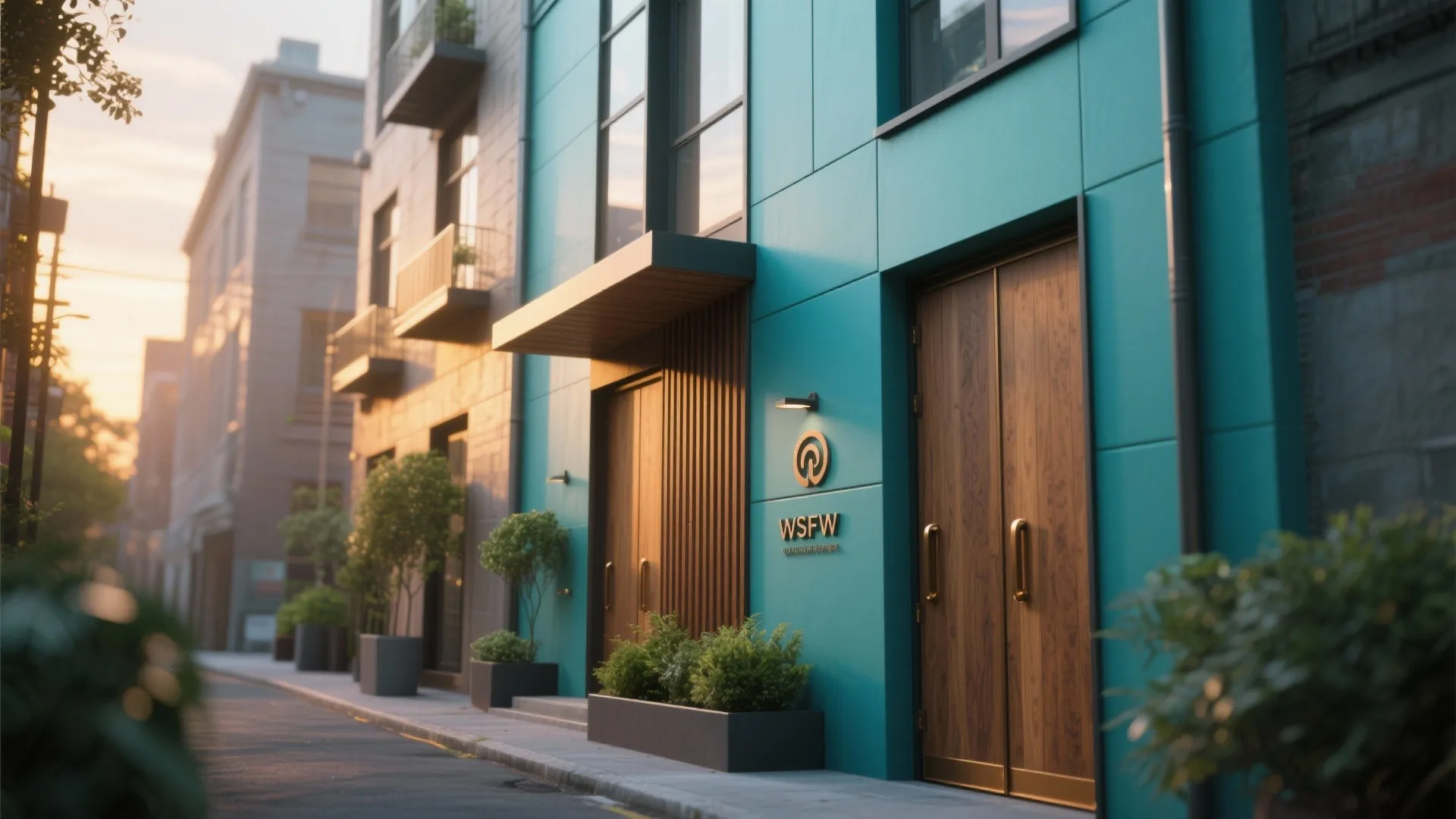 Teal apartment building exterior with large wooden doors, wall light, green plants, and city street