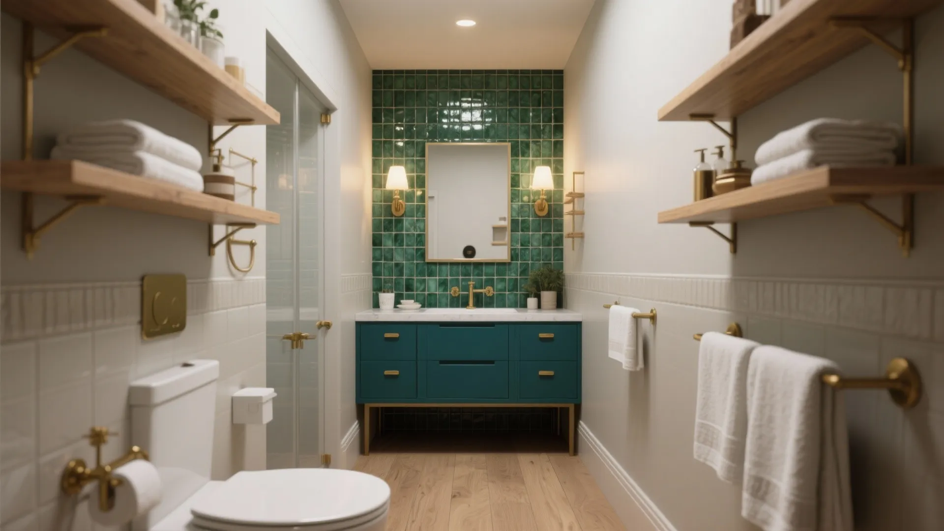 2. Jewel-Toned Drama: Teal Vanity + Emerald Tiles