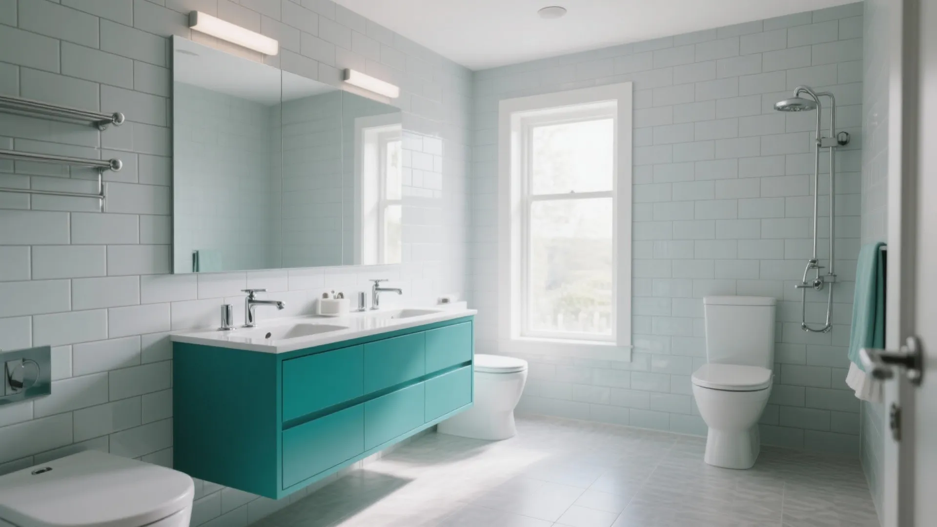 2. Teal Vanity Against Grey Subway Tiles