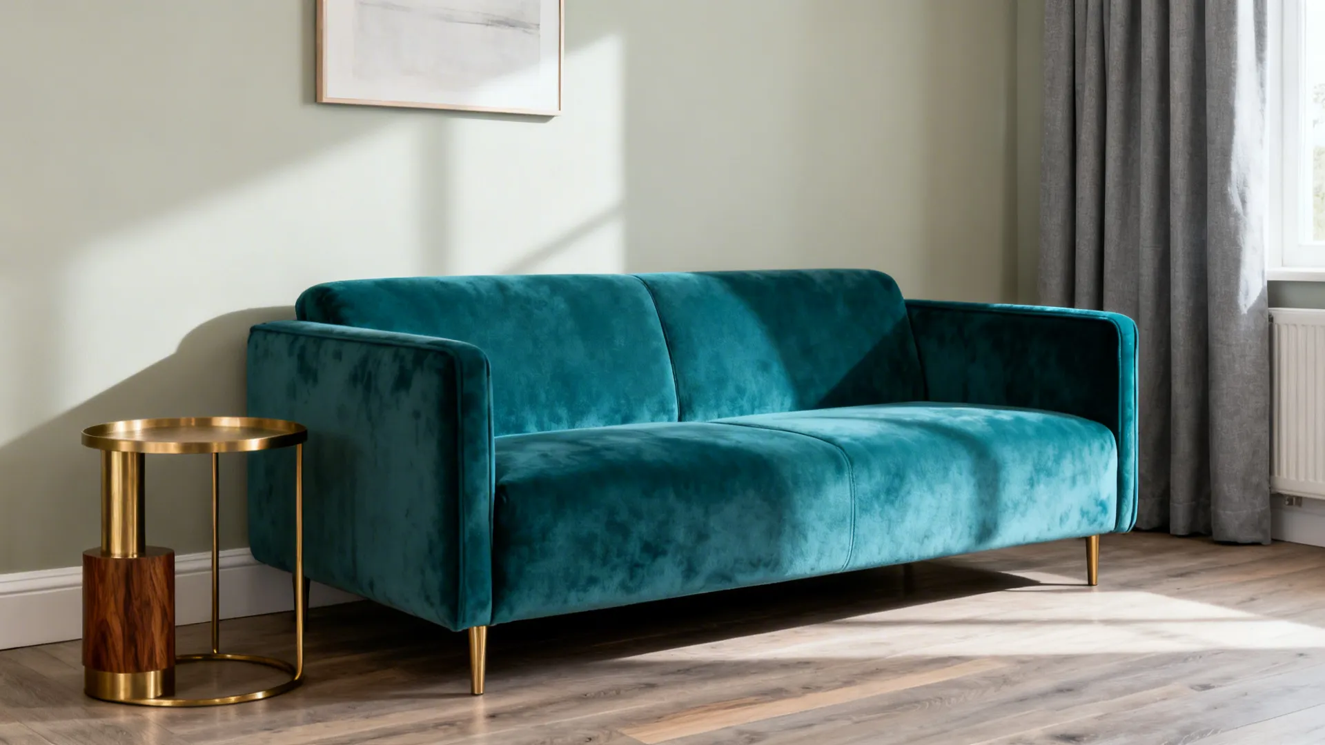 Compact teal velvet loveseat against light greige walls with grey curtains and brass-walnut side table.
