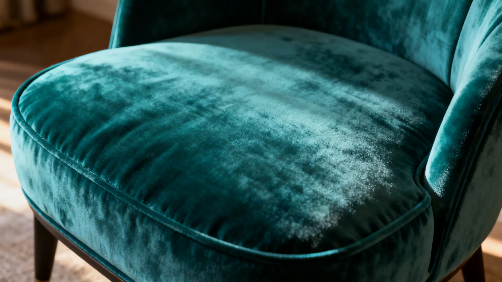 Macro view of teal velvet upholstery showing texture, nap, and sheen.