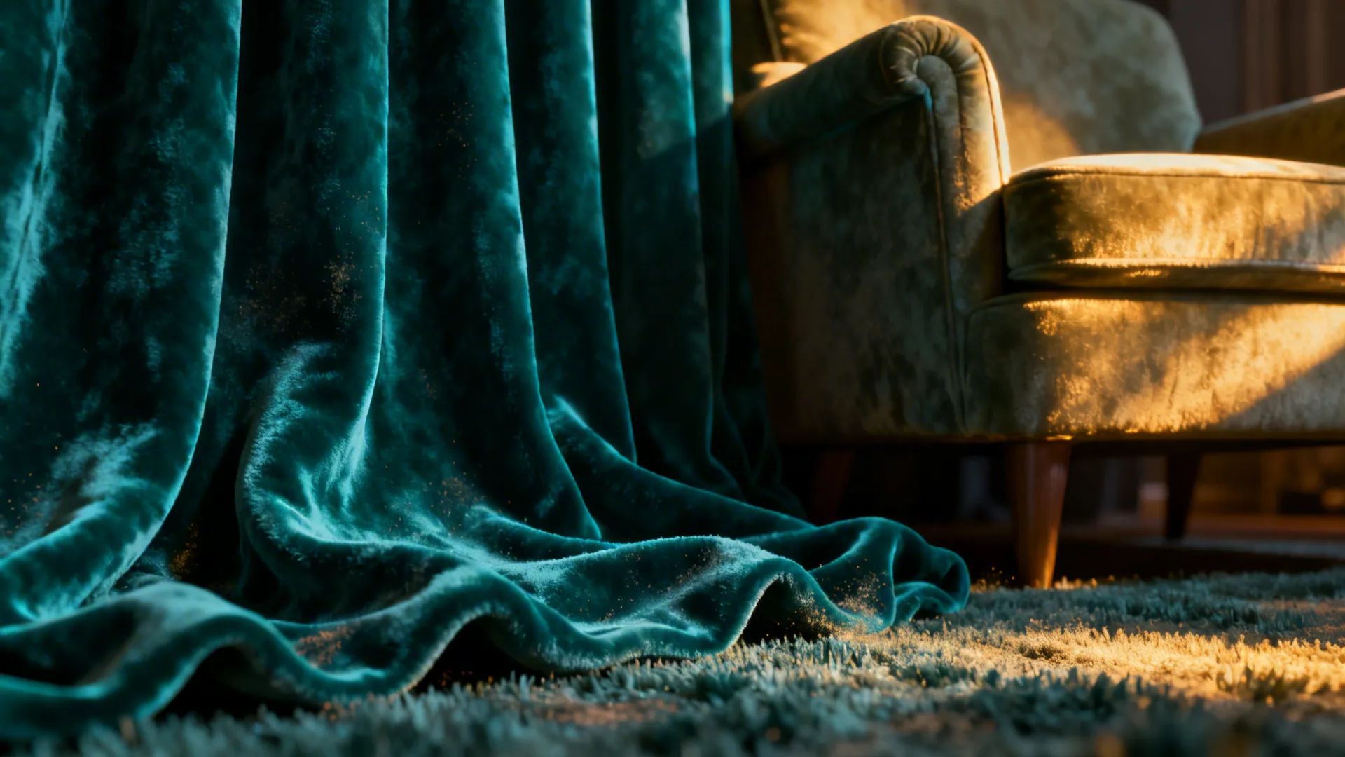 Teal velvet curtain panel with rich texture pooling on the floor next to an armchair.