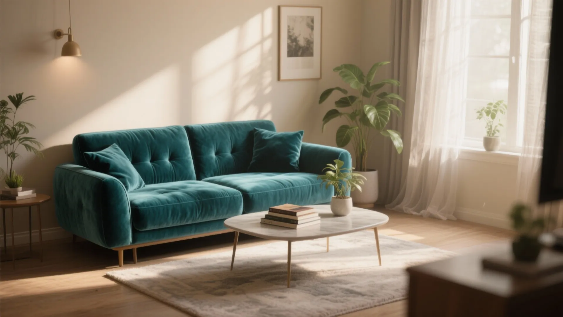 Modern living room with blue sofa marble coffee table white rug and natural window light