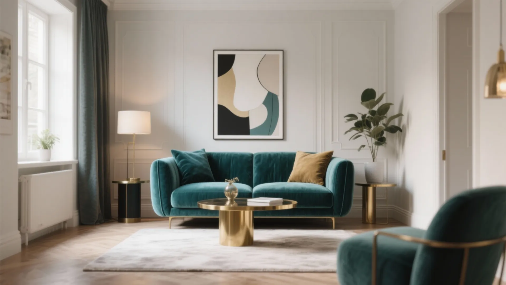 Modern living room with plush teal velvet sofa and brass accents