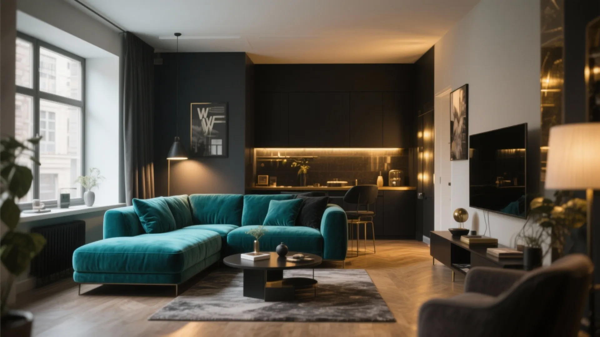 Modern dark living room with a large teal sofa black kitchen cabinets and warm interior lighting