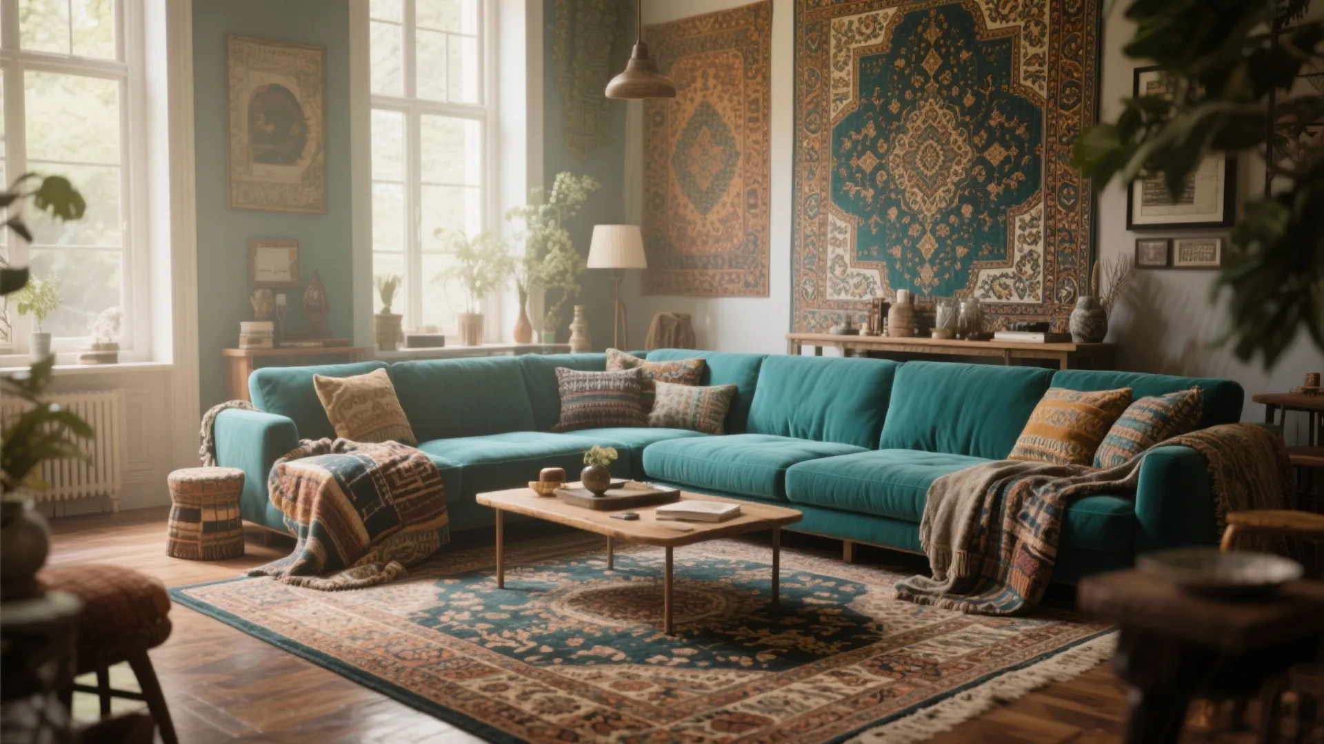 6. Vintage Rugs under Teal Sofas