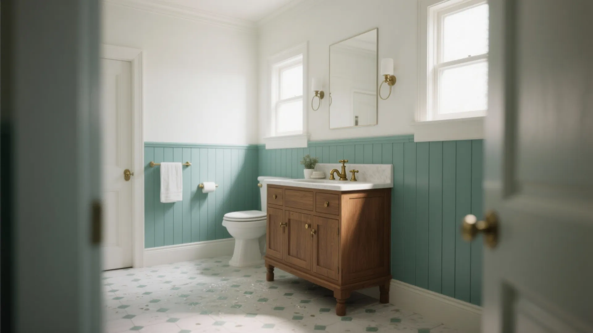 Classic bathroom with teal wall panel white sink wooden cabinet toilet and gold wall light