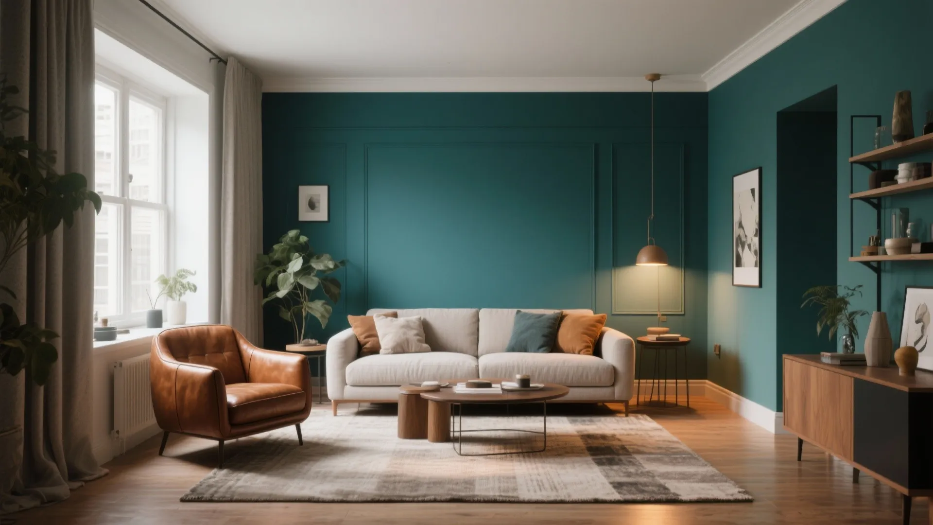 Living room interior with teal wall panel white sofa brown leather chair and wood cabinet