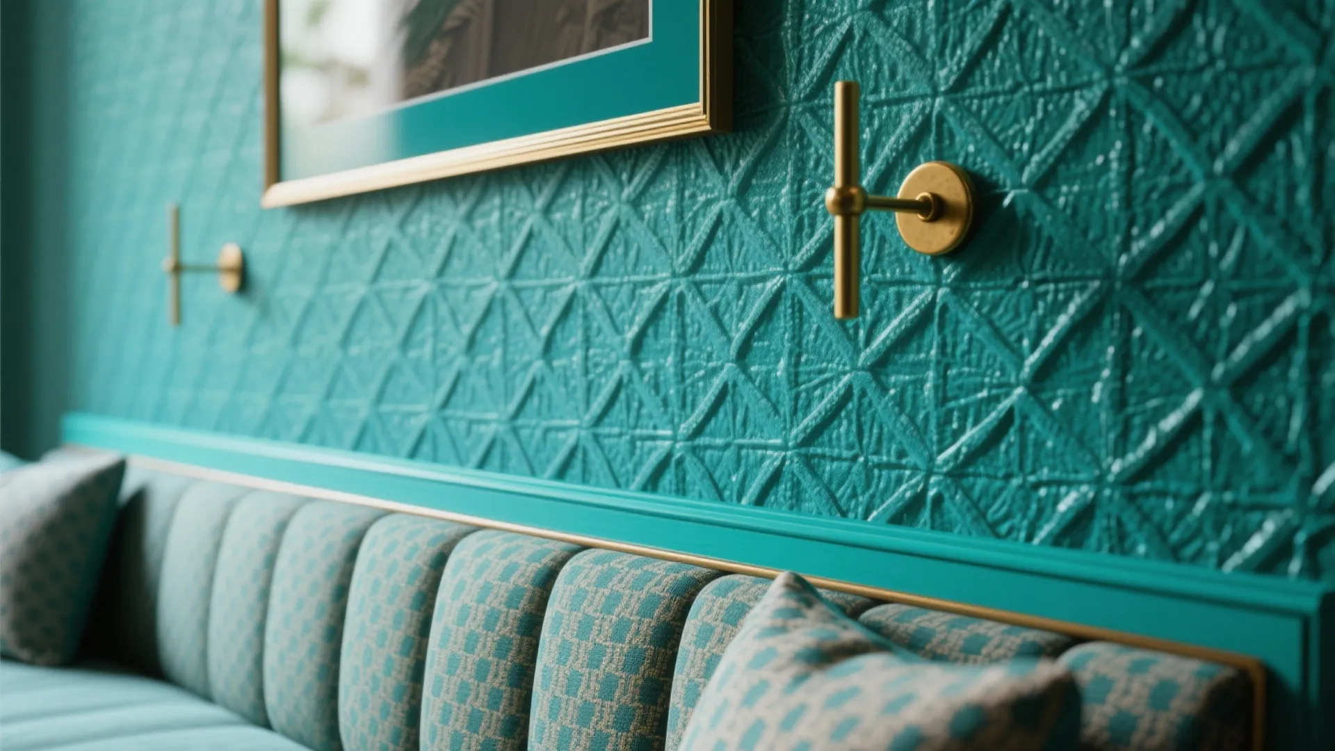 5. Teal accent wall with patterned wallpaper