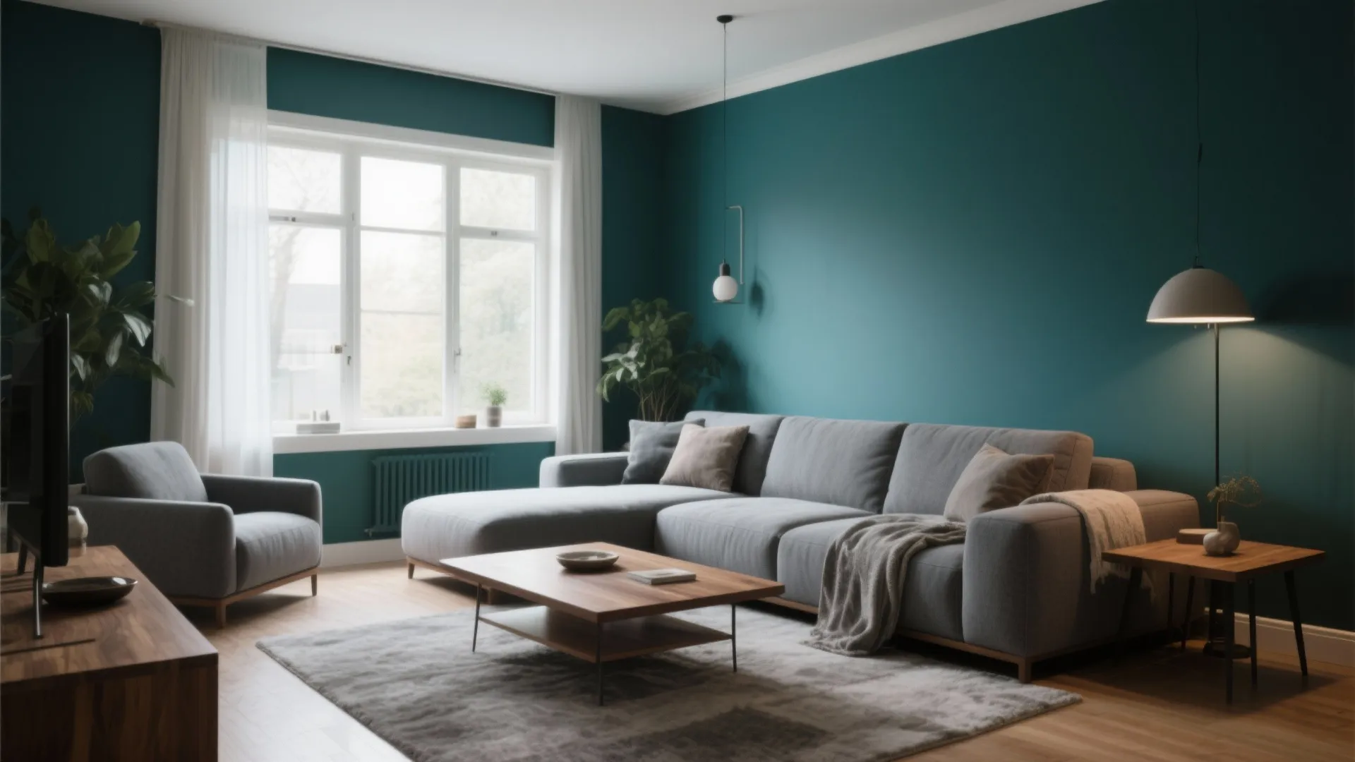 Living room with teal accent wall and grey sectional