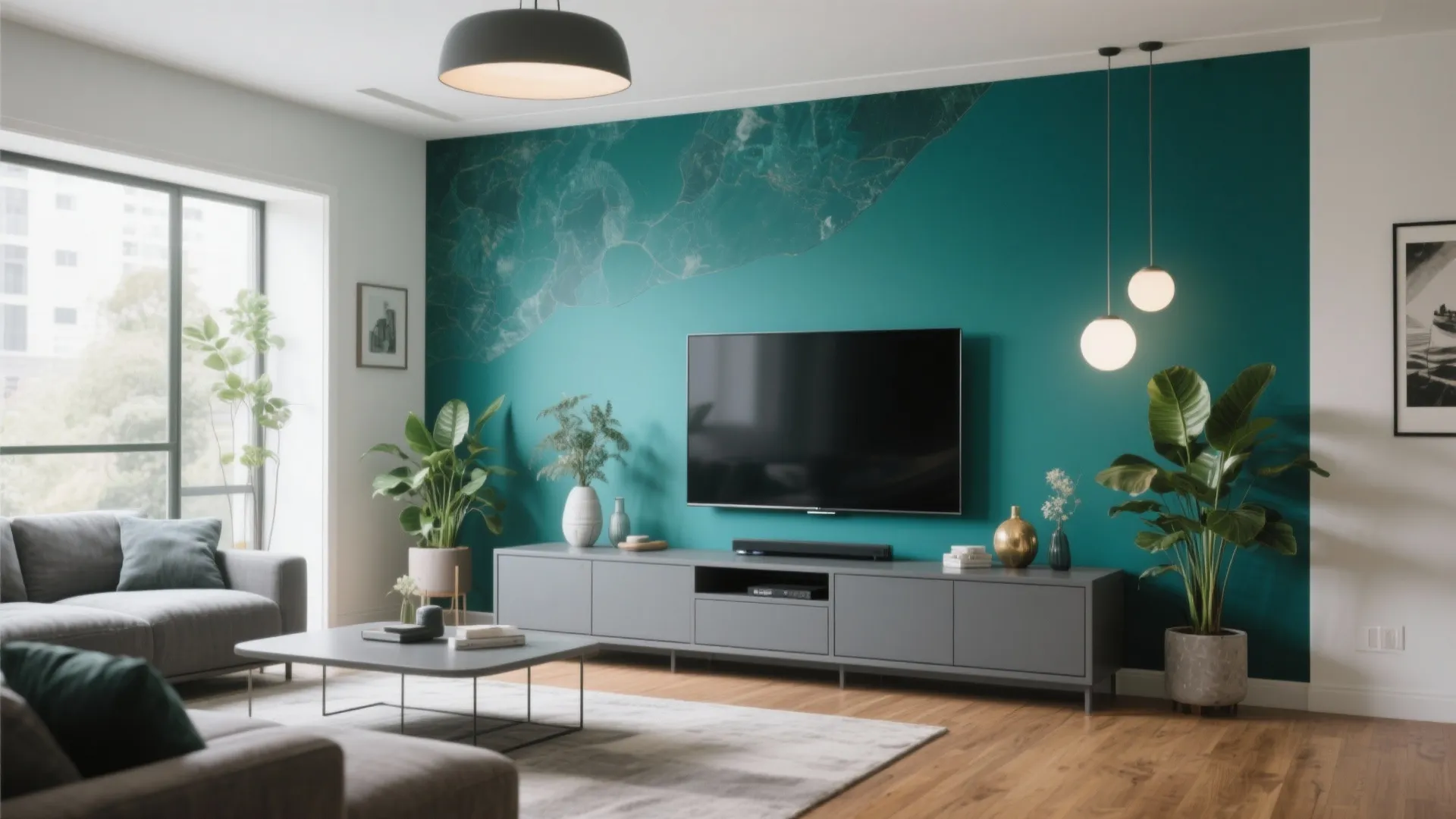 2. Teal Feature Wall Behind a Neutral TV Unit