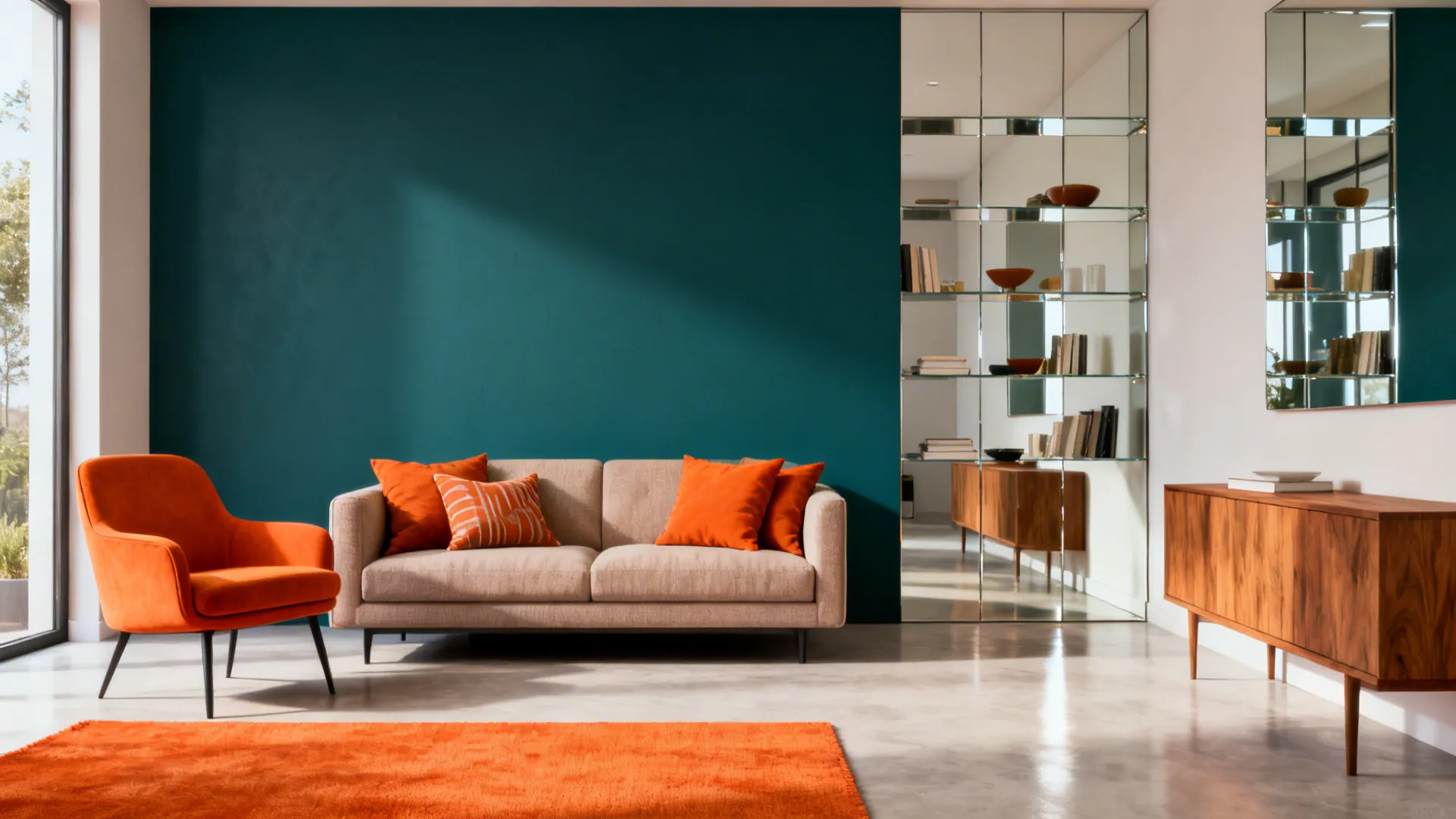 Living room with a deep teal feature wall and orange accents like pillows and an accent chair.