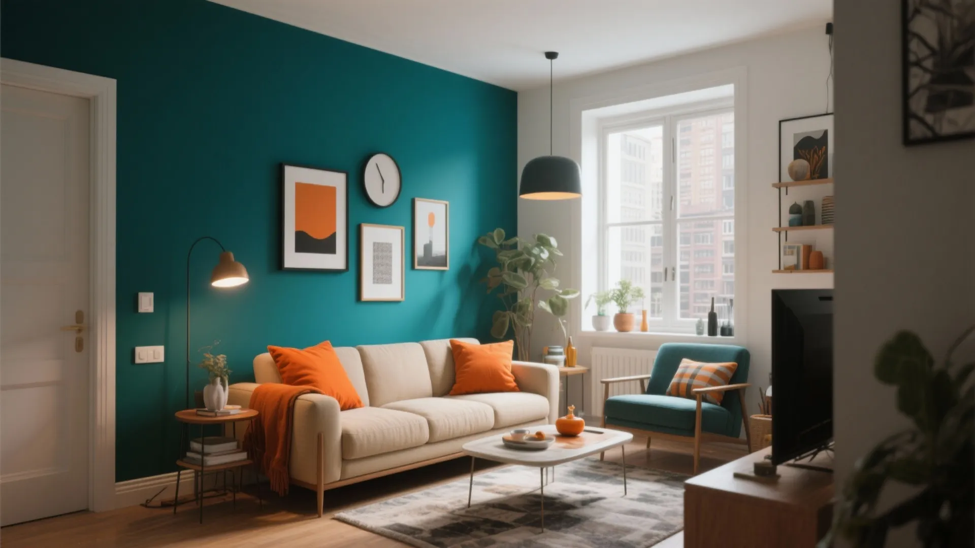 1. Teal Accent Wall with Warm Orange Decor
