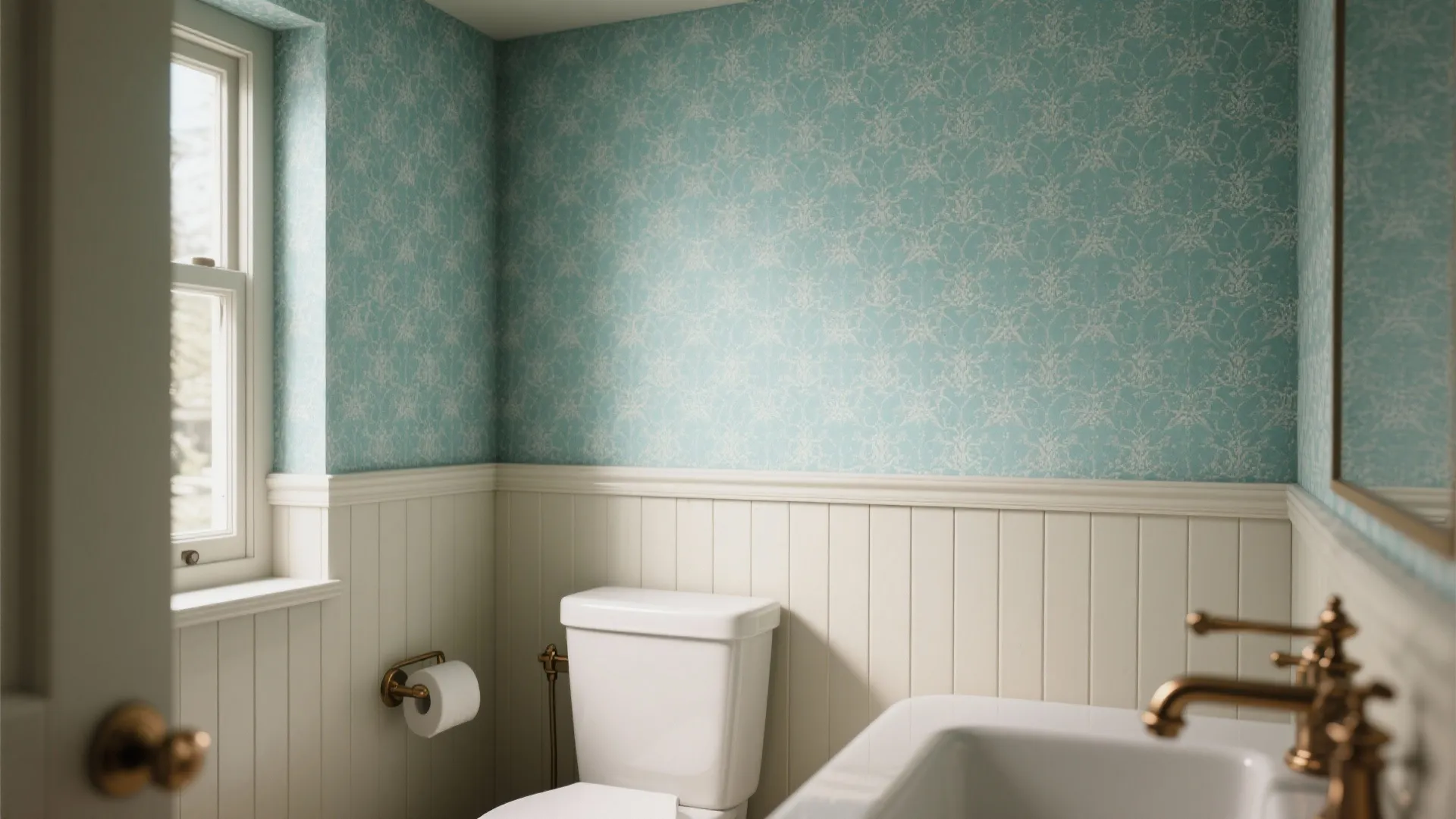 Bathroom showing teal patterned wallpaper white wall panel white toilet gold faucet and a window