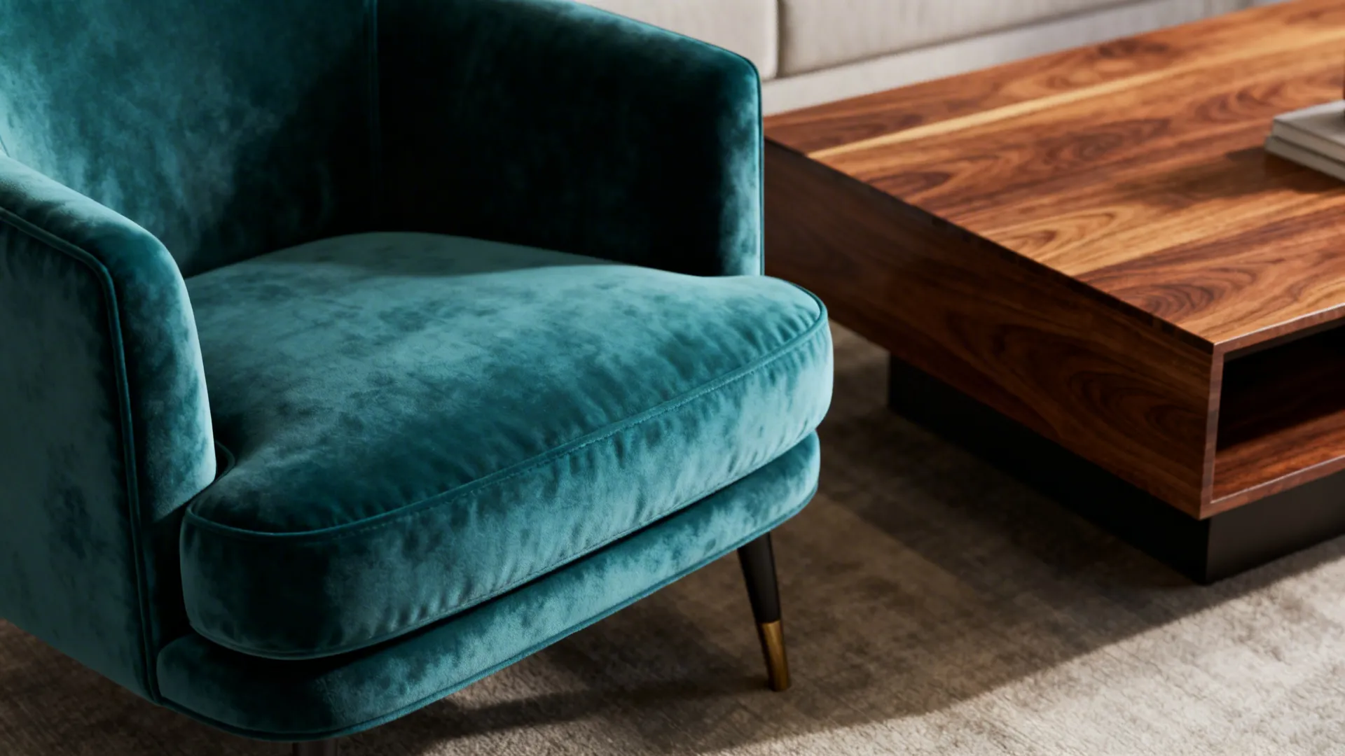 Close-up of teal chair fabric next to a mid-walnut coffee table showing velvet and wood textures.