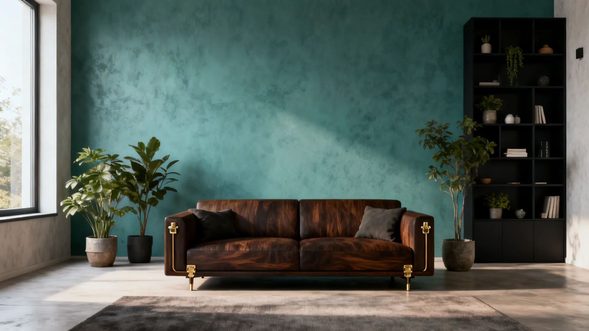 Compact living room with dusty teal wall and dark walnut sofa with brass accents