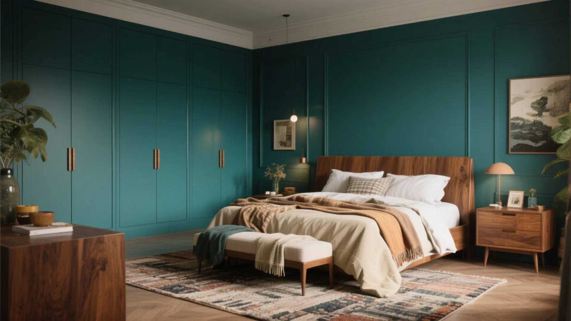 Teal green bedroom featuring a large dark cabinet wooden bed frame colorful rug and warm light