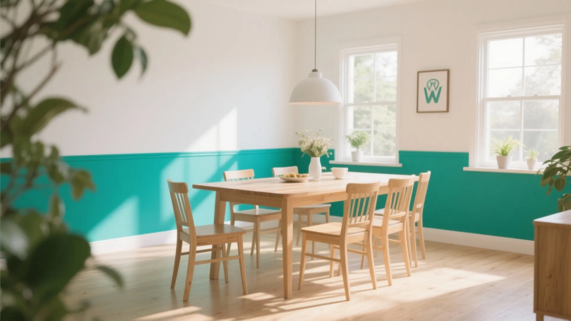 Modern dining room with teal wall panels wooden table six chairs white ceiling light and windows