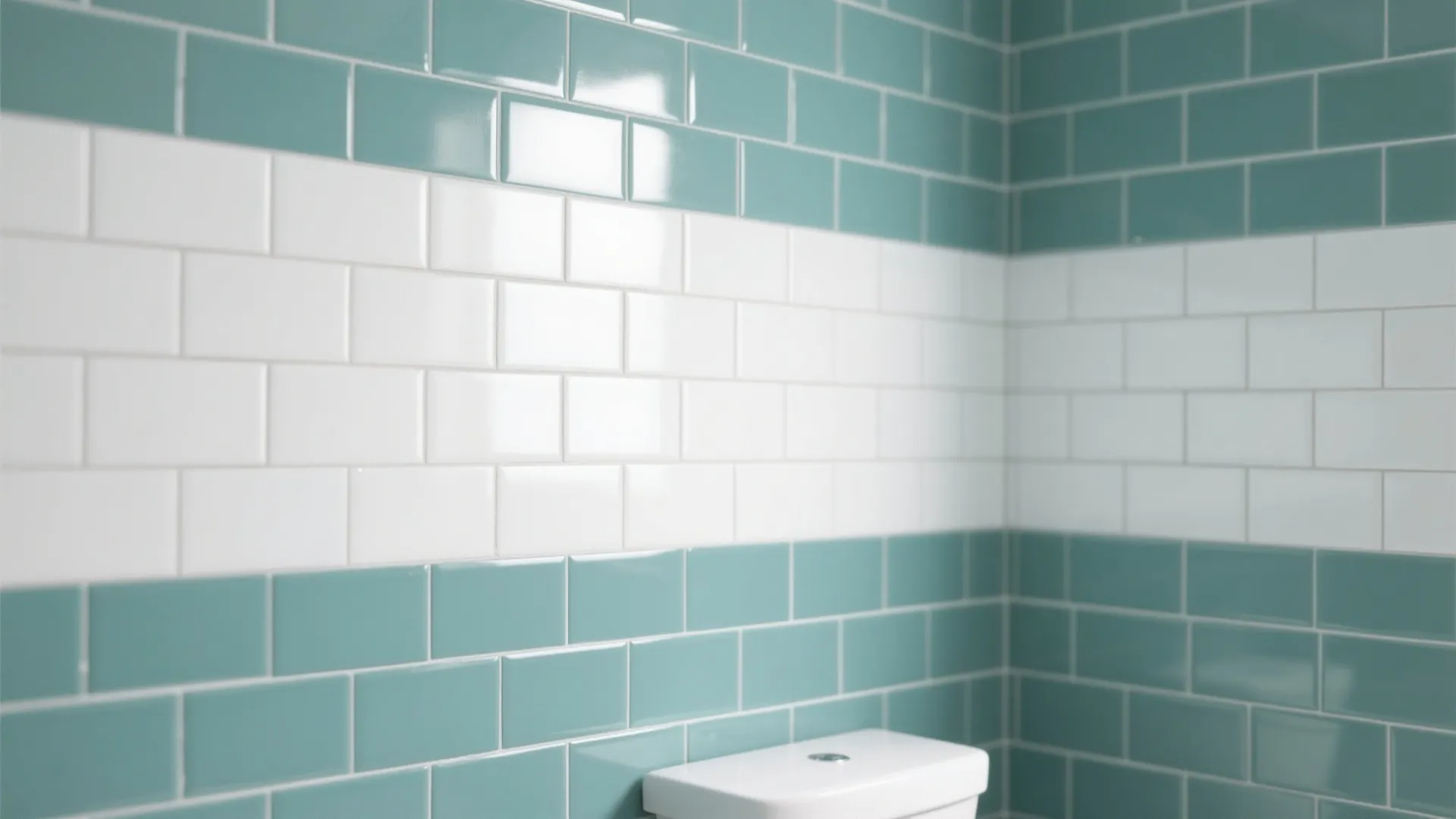Bathroom wall showing horizontal stripes of teal and white tiles above a simple white toilet tank