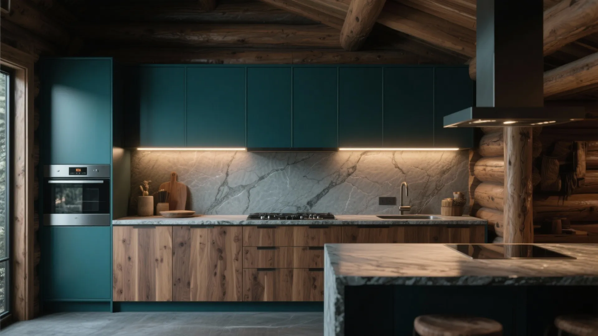 Modern kitchen with dark teal cabinets wooden base units marble backsplash and warm under cabinet lighting