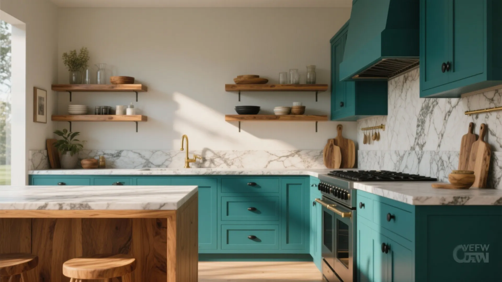 4. Teal or Petrol with Warm Wood