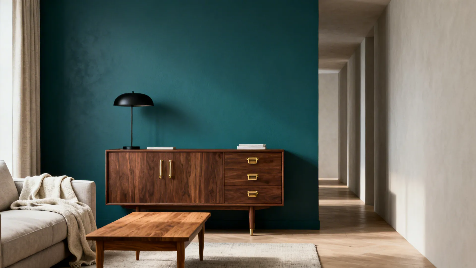 Teal accent wall with warm walnut and oak furniture, light textiles and brass details.