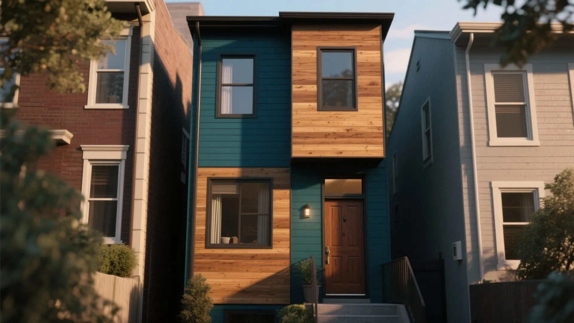 Modern two story house with teal siding and natural wood panels between two narrow buildings