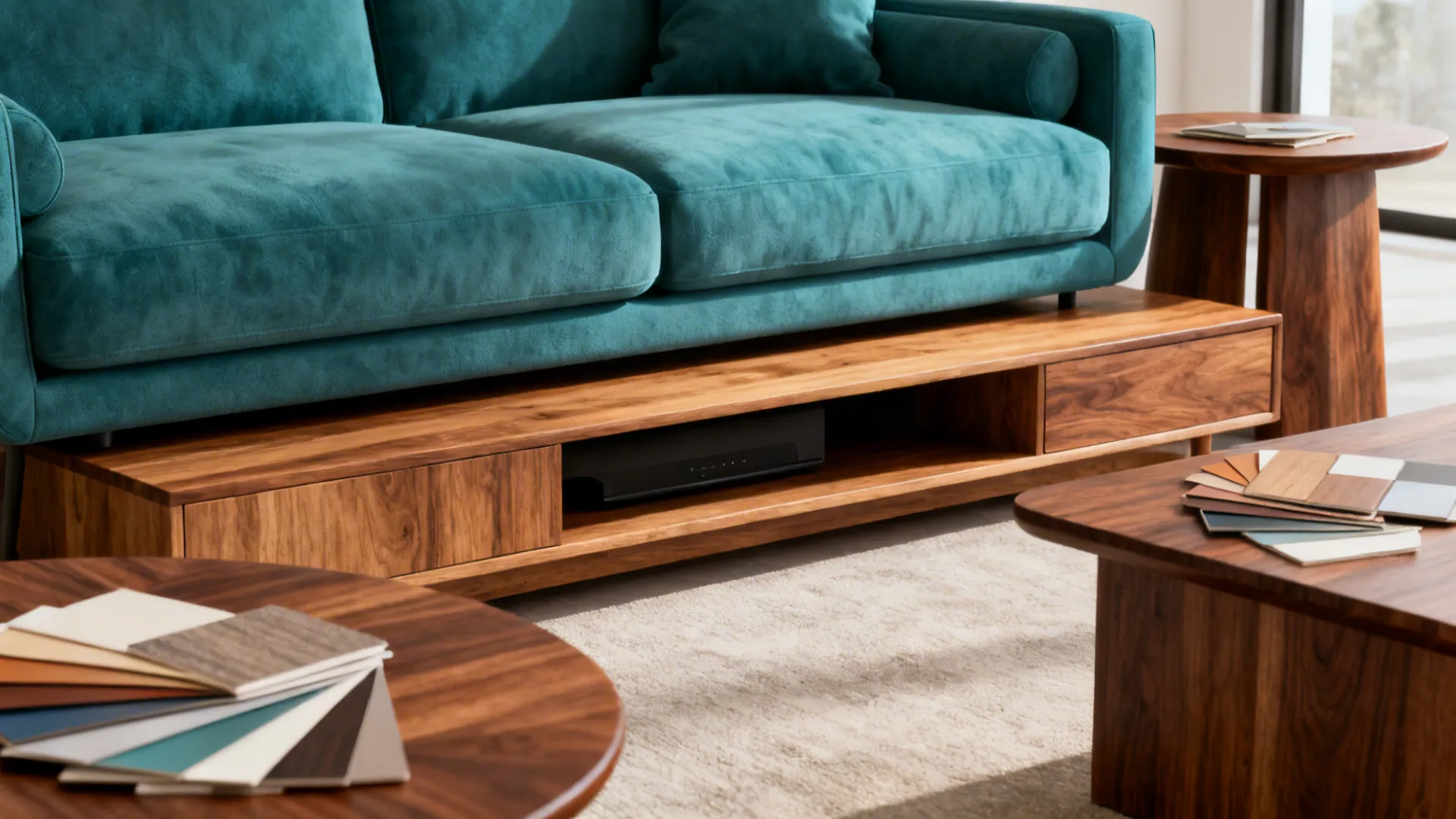 Teal sofa next to walnut side tables and oak console showing warm wood pairing