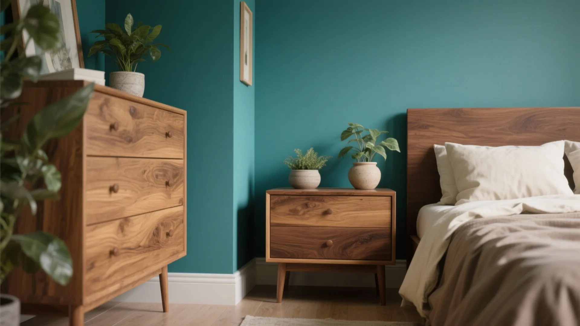 2. Teal and Warm Wood Harmony