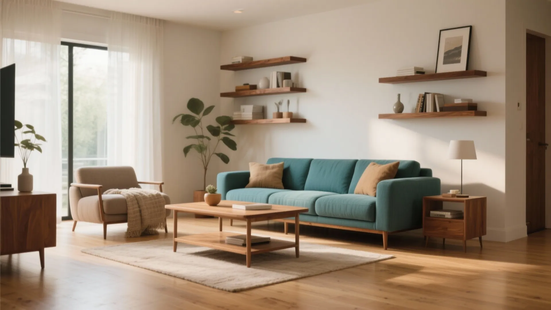 3. Teal Sofa with Warm Wood Elements