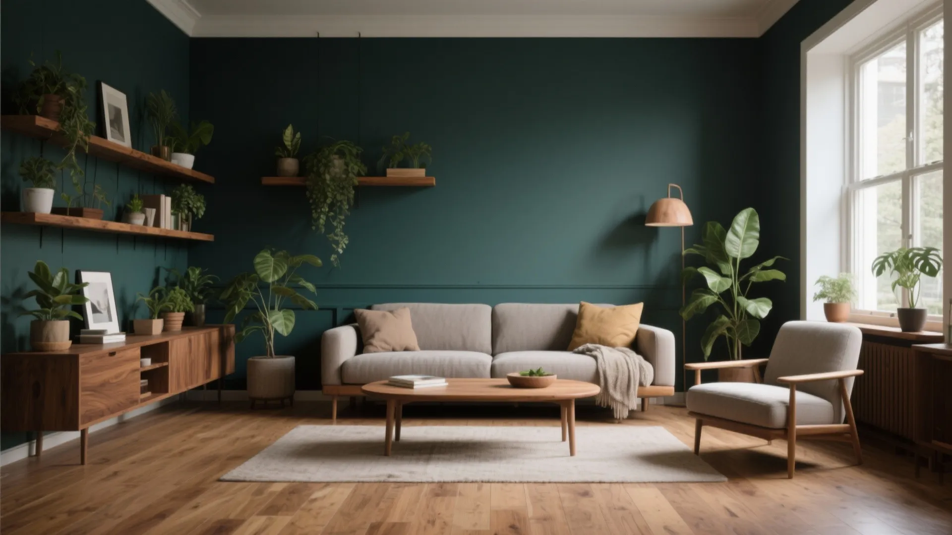 Elegant living room with dark green walls wooden furniture many green plants and natural window light