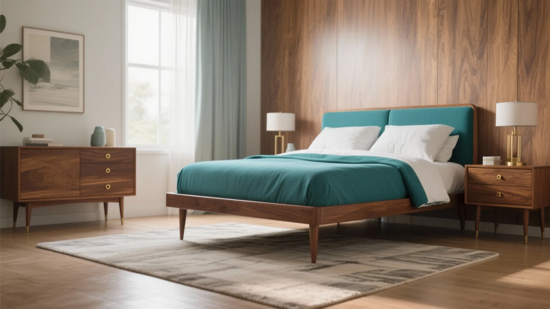 3. Teal Meets Warm Wood for Mid-Century Vibes