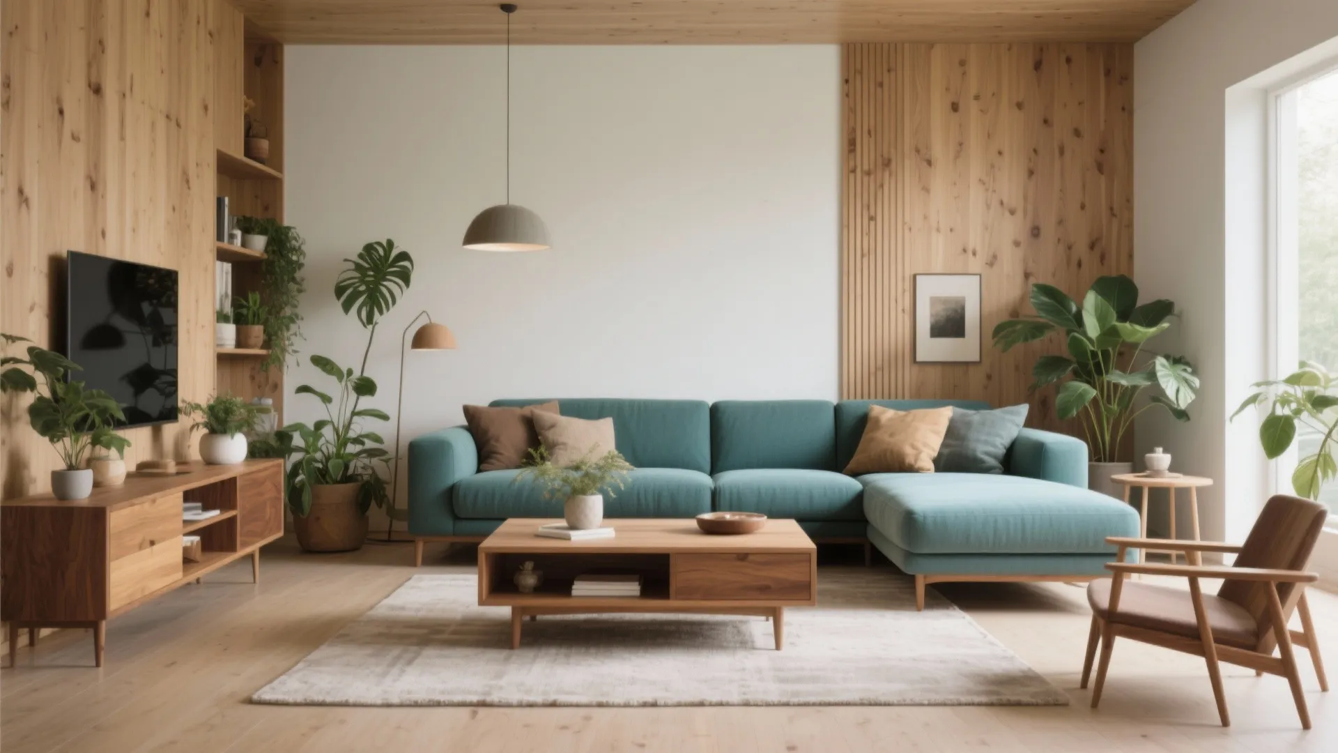 3. Teal and Natural Wood Tones