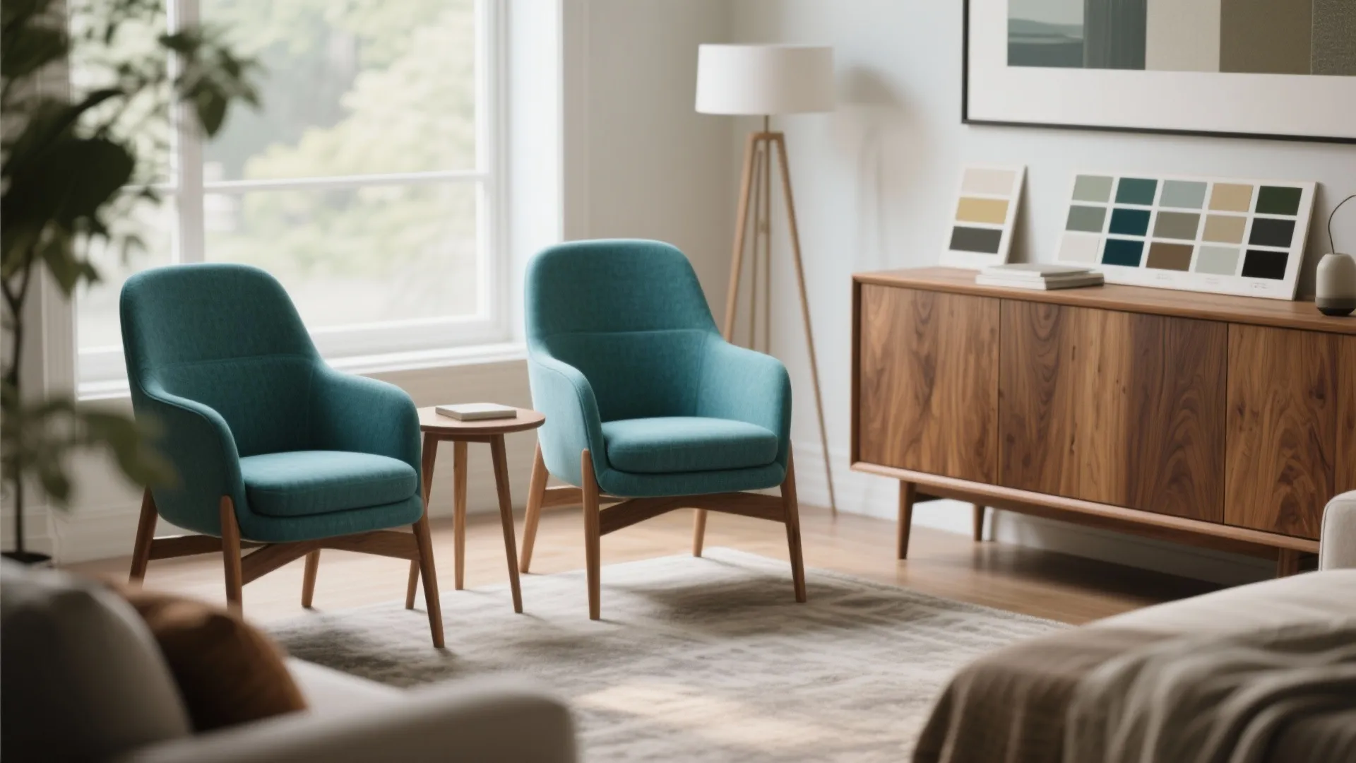 Two teal chairs next to wooden cabinet and floor lamp in room with soft natural light