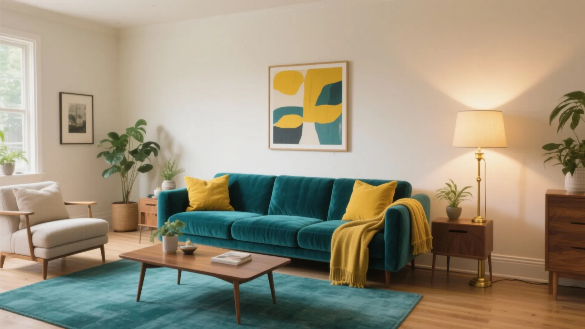 Modern living room with teal sofa, yellow cushions, wooden table, floor lamp, and green plants