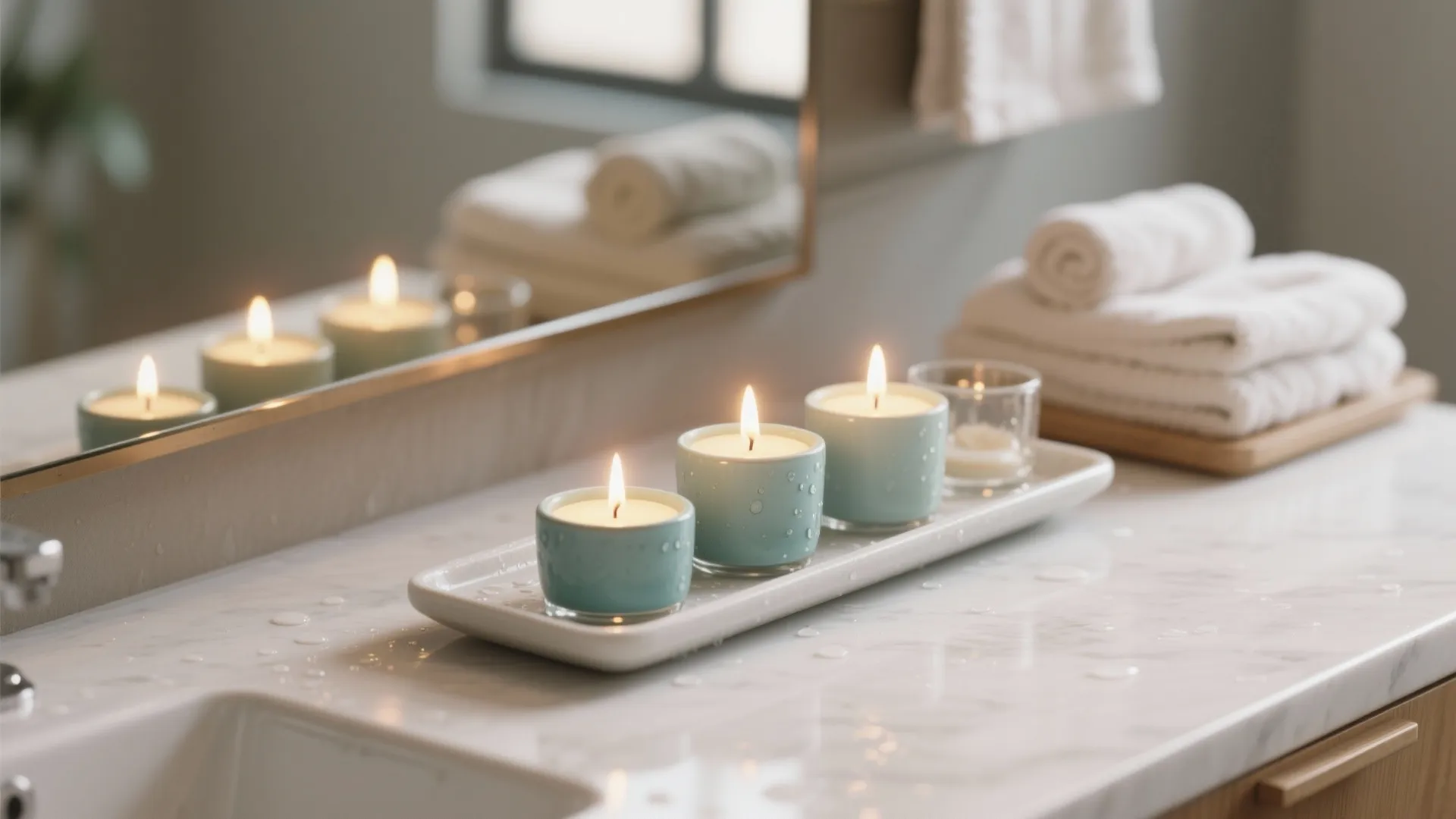 Three small blue candles on a white tray over a marble bathroom counter with towels