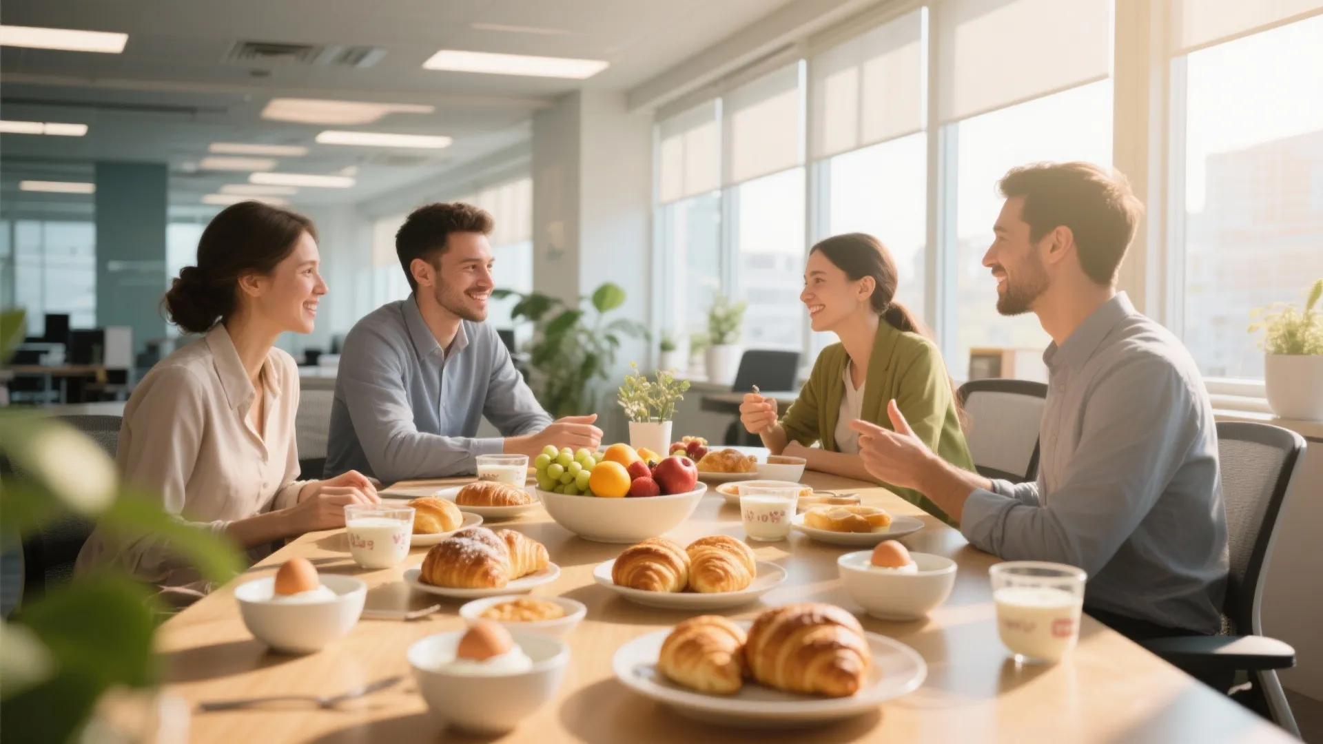Four colleagues enjoying healthy office brunch with croissants fruit and milk in a sunny room
