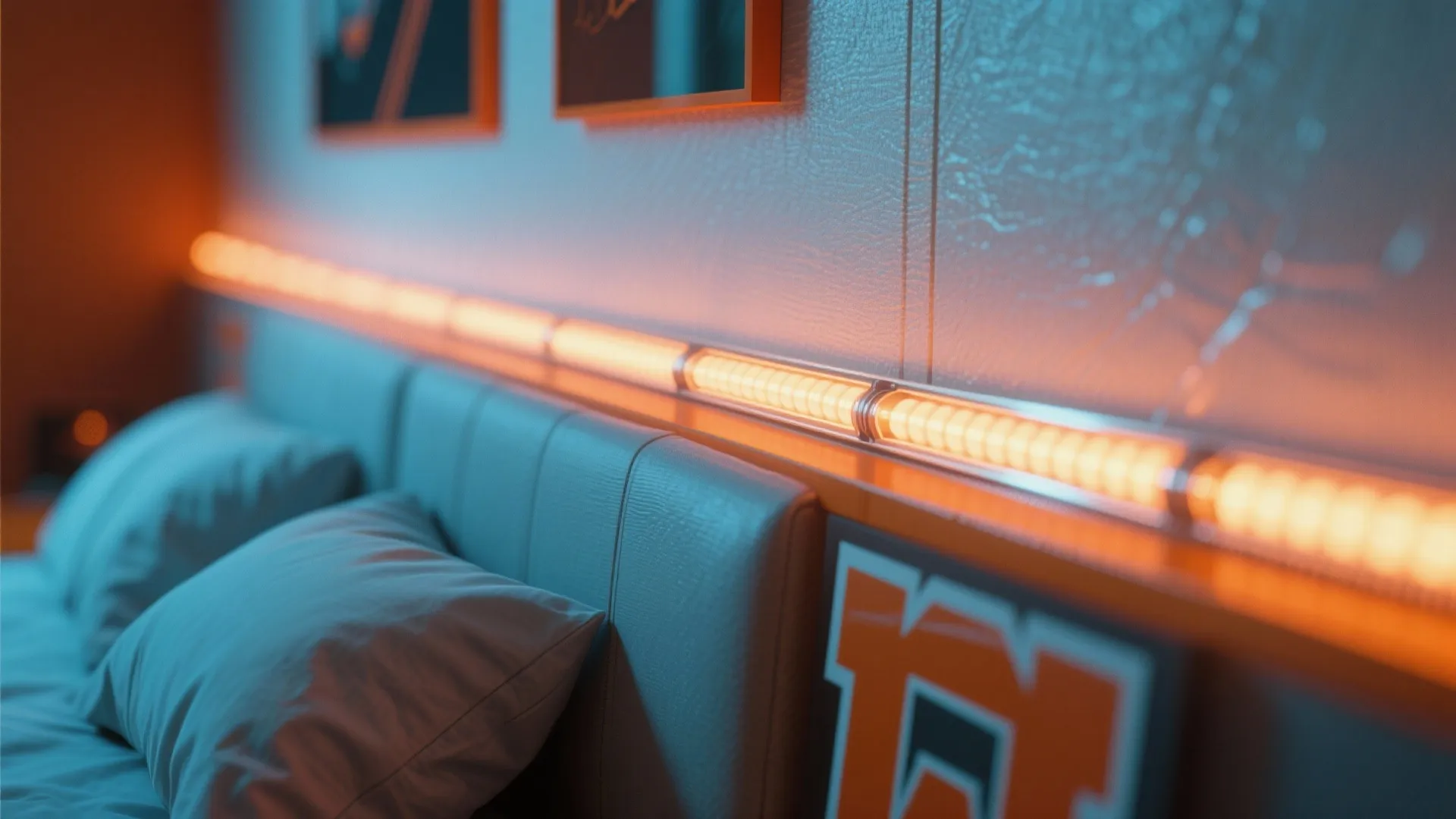 Close up of orange tube light fixture on a wall panel behind a grey bedroom headboard
