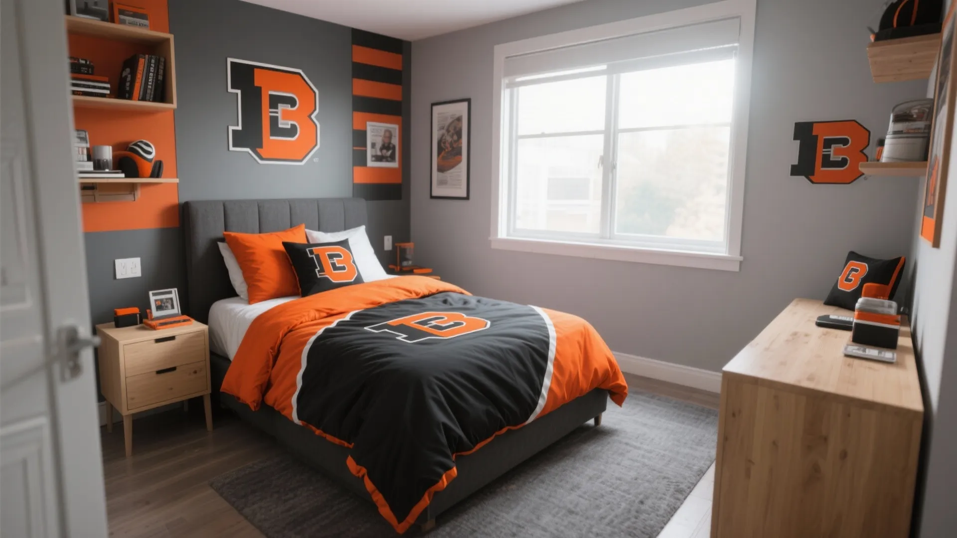 Themed bedroom with orange and black bedding grey walls wood furniture and sports wall art