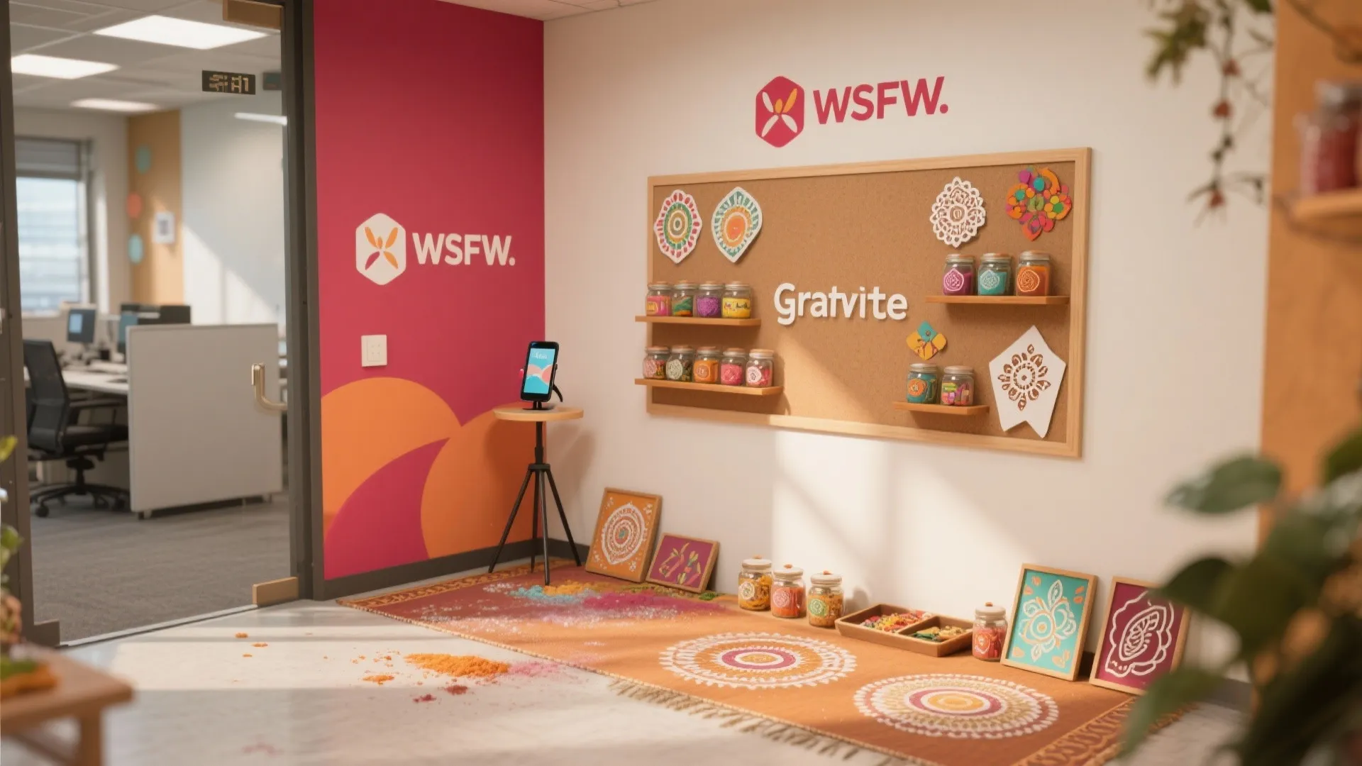 Office corner with pink wall logo corkboard glass jars colorful rug and view of desks