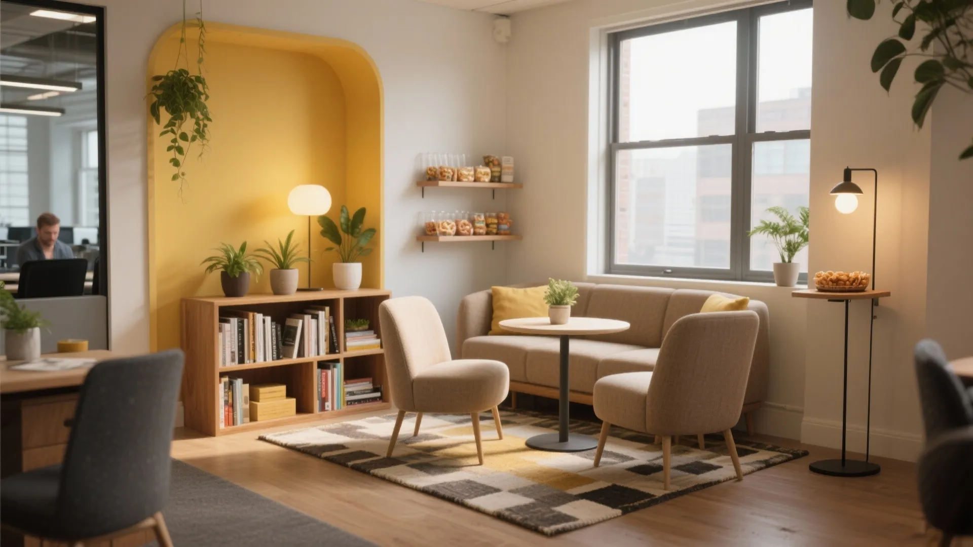 Cozy office break room with yellow wall niche small round table chairs and wooden cabinet